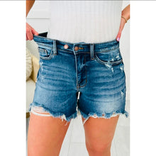 Load image into Gallery viewer, Asymmetric Raw Hem Distressed Whiskery Denim Shorts