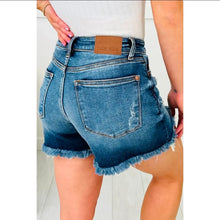 Load image into Gallery viewer, Asymmetric Raw Hem Distressed Whiskery Denim Shorts