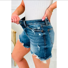 Load image into Gallery viewer, Asymmetric Raw Hem Distressed Whiskery Denim Shorts