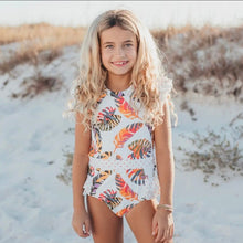 Load image into Gallery viewer, Kids tropical leaf open back one piece ruffle swimsuit π¦ποΈππβ±οΈπ‘οΈ