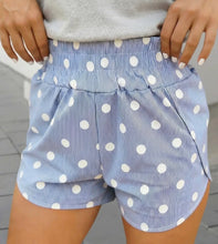 Load image into Gallery viewer, Blue pinstripe shorts with white Polka Dots
