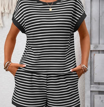 Load image into Gallery viewer, Striped Knit Lounge Set Short Sleeve Top and Shorts
