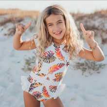 Load image into Gallery viewer, Kids tropical leaf open back one piece ruffle swimsuit 💦🏖️🌊🌞⛱️🌡️

