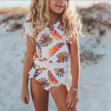 Load image into Gallery viewer, Kids tropical leaf open back one piece ruffle swimsuit 💦🏖️🌊🌞⛱️🌡️
